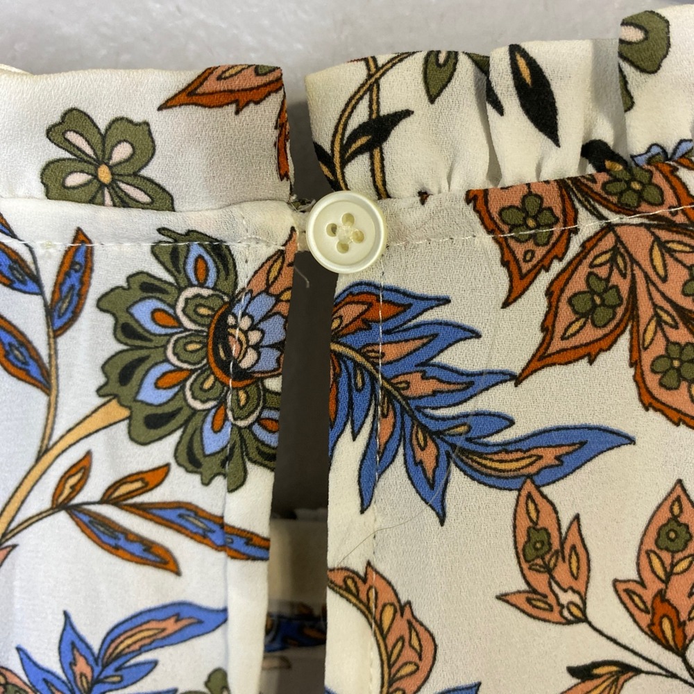 LOFT Womens XL Floral Paisley Pintuck Ruffle Neck Keyhole Back Blouse White Blue - Picture 7 of 12